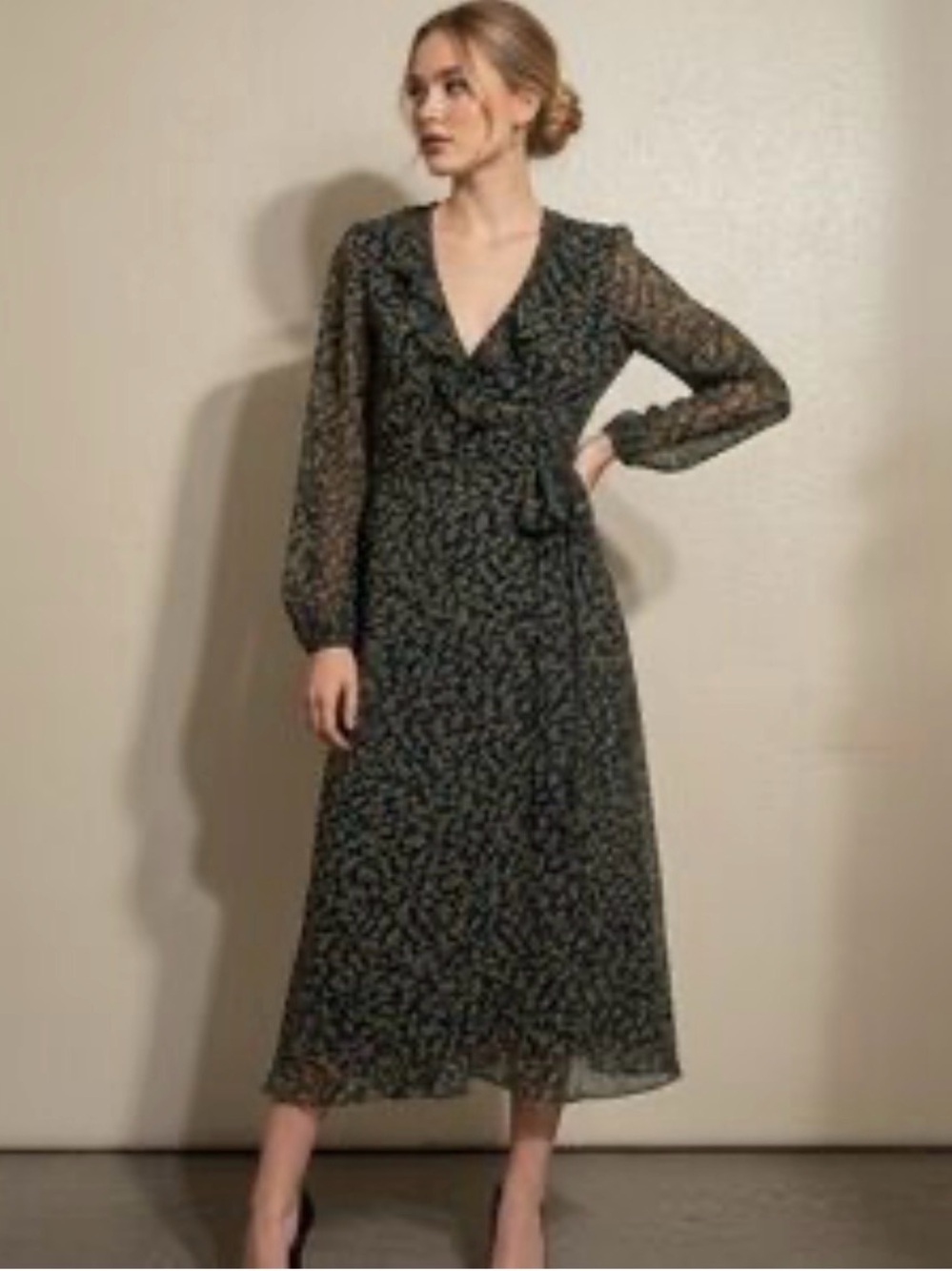 Everly Long Sleeve V-Neck Floral Wrap Midi Dress Floral Large